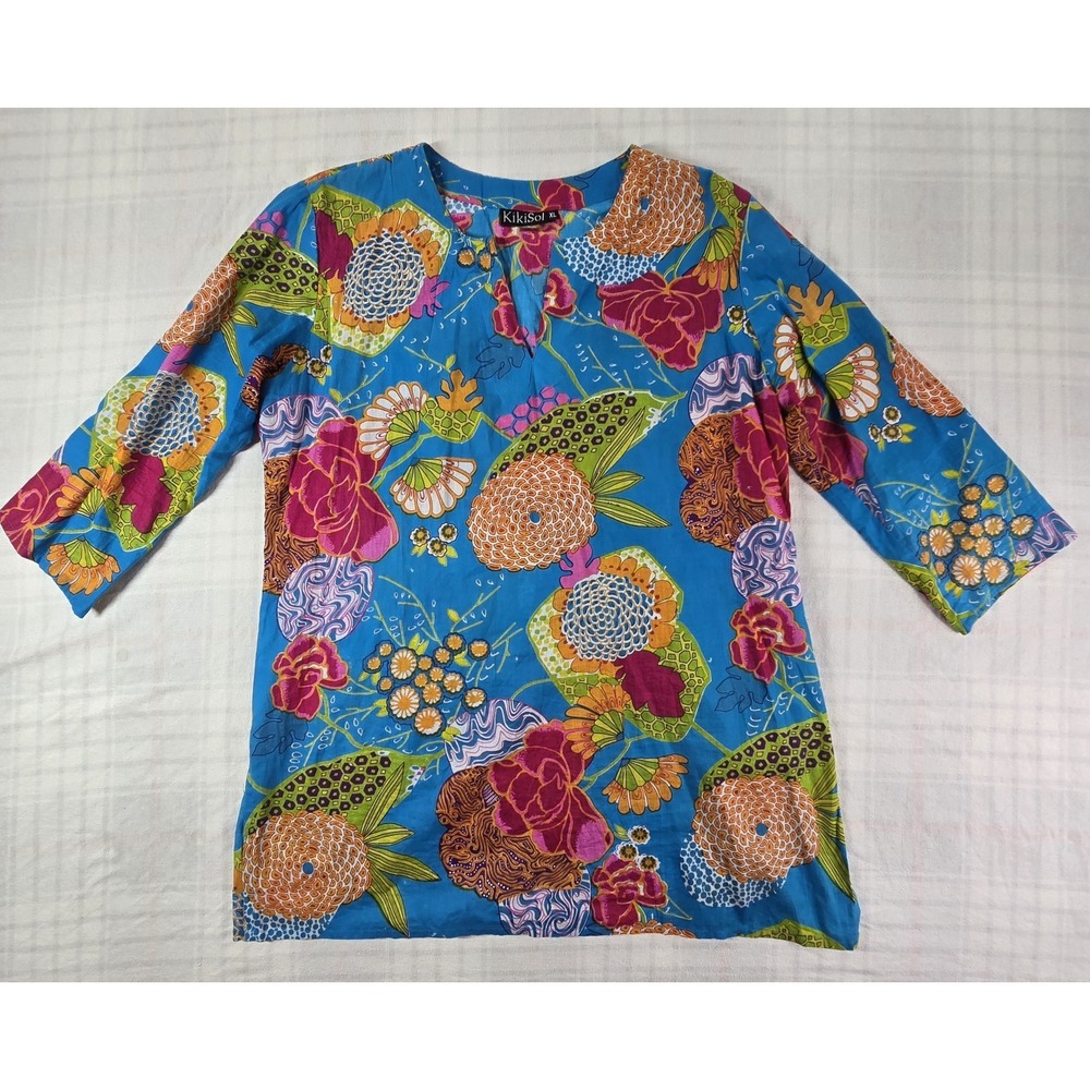 KikiSol Womens Cotton Voile Floral Tunic Tropical Blue V Neck Long Sleeve XL